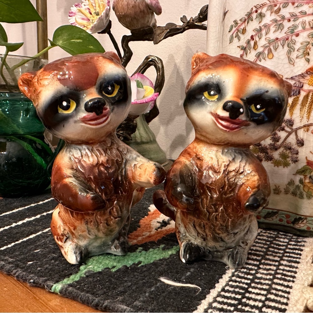 Vintage Raccoon Salt and Pepper Shakers Figurine Set